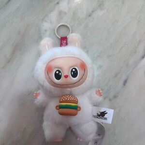 White Labubu Plush Keychain with Burger
